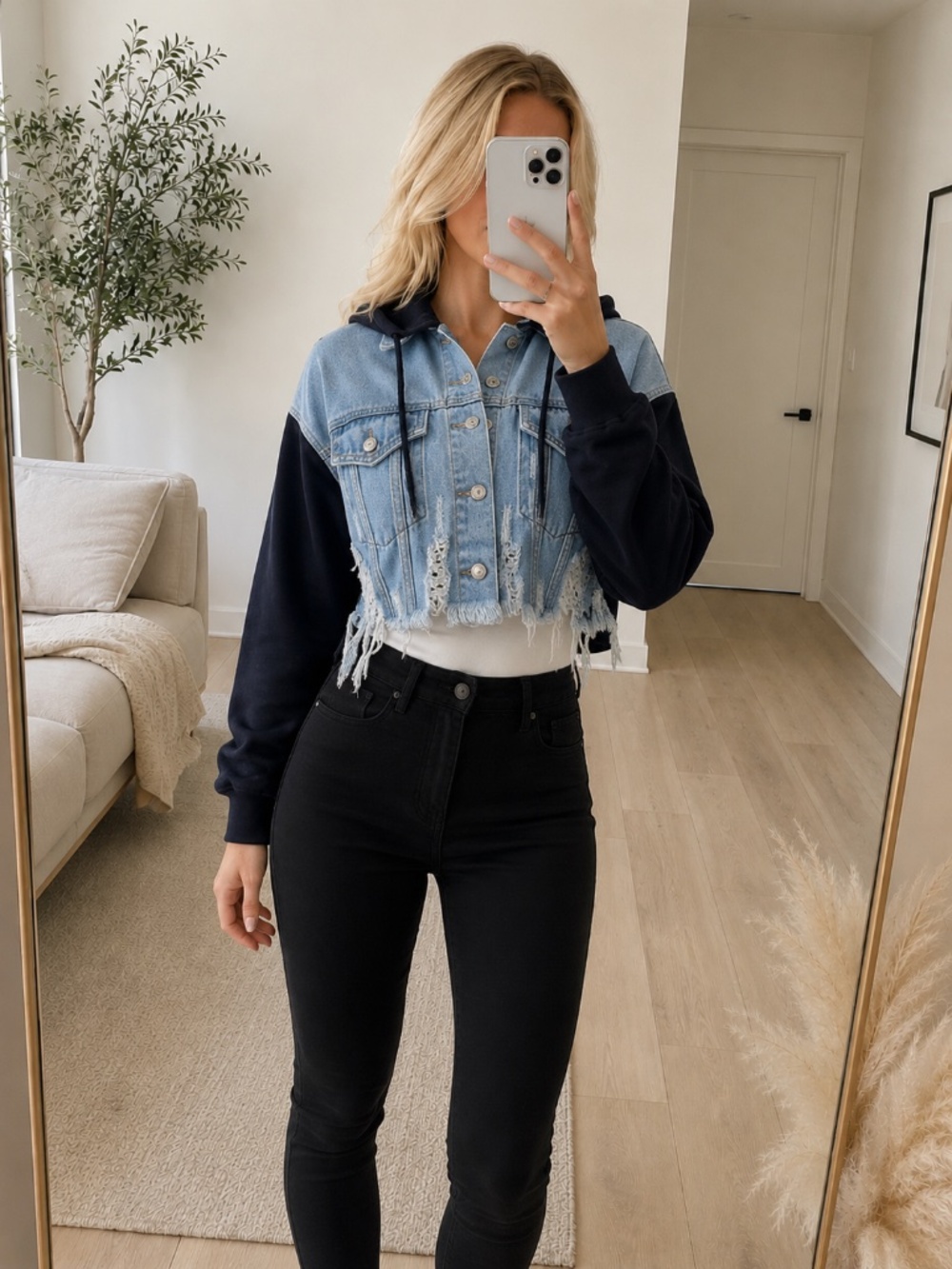NWT Light Denim Hooded Crop Jacket Black Sleeves Small
